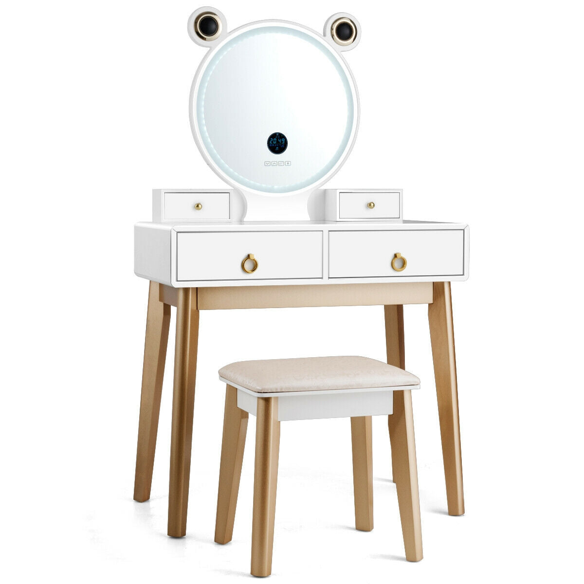 3-Color LED Vanity Set with Touch Screen Dimming Mirror, Wireless Speakers & 4 Storage Drawers
