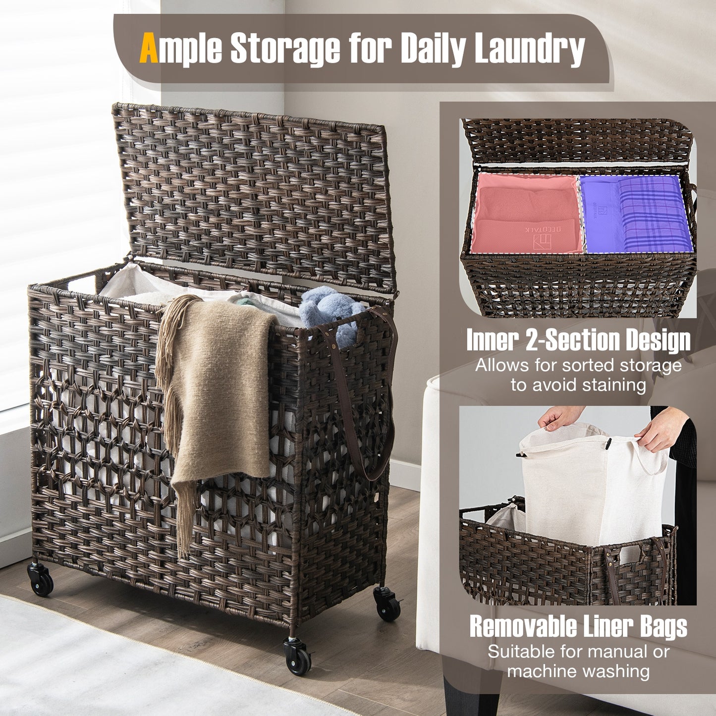110L Dual Compartment Laundry Hamper with Removable & Washable Liner Bags