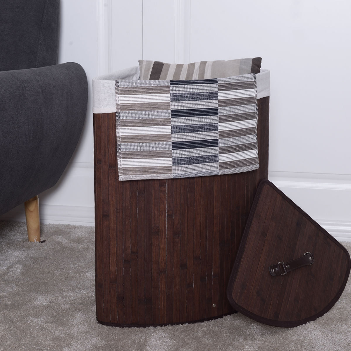Corner Space Bamboo Laundry Basket with PU Leather Handles