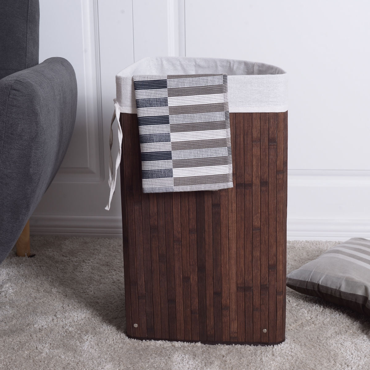Corner Space Bamboo Laundry Basket with PU Leather Handles