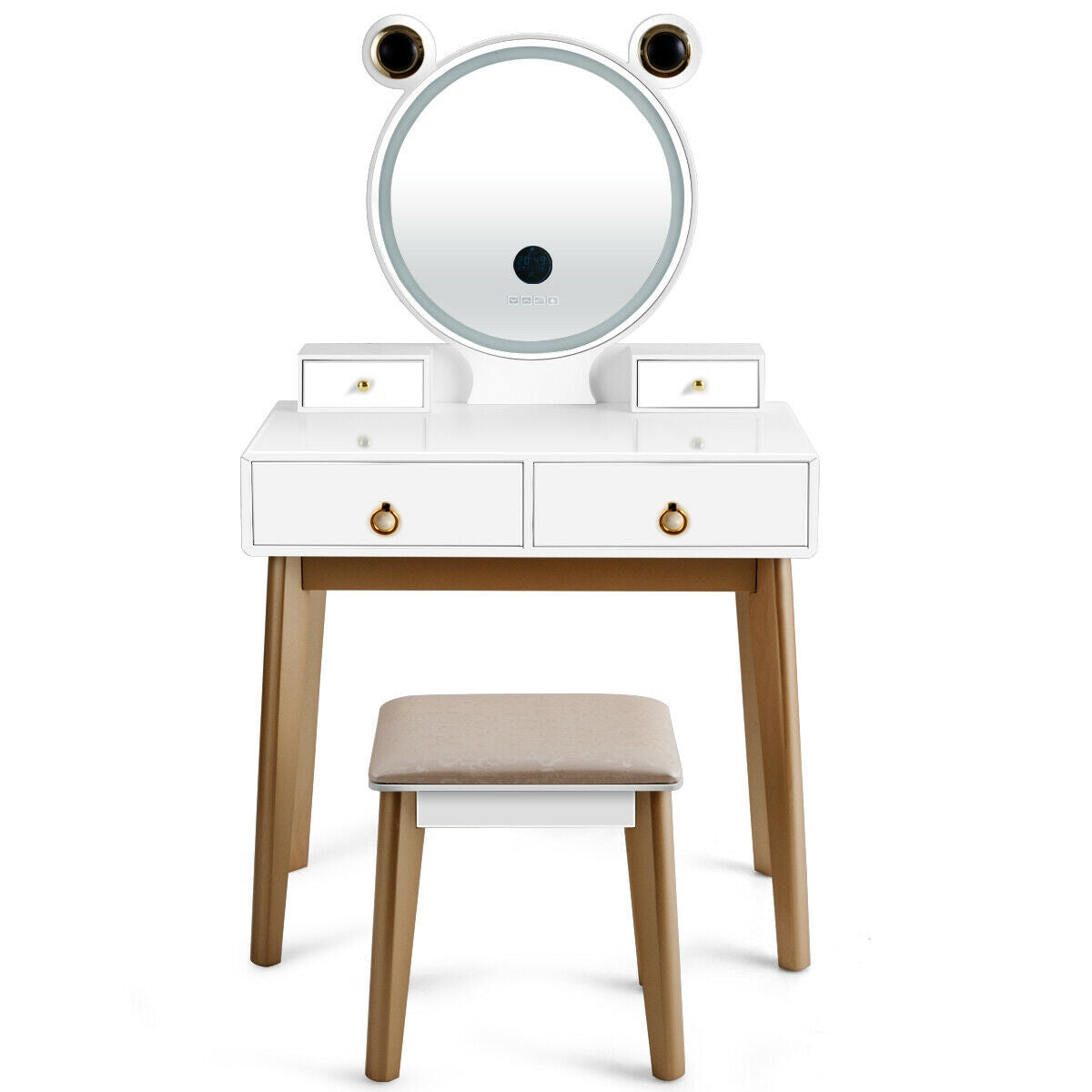 3-Color LED Vanity Set with Touch Screen Dimming Mirror, Wireless Speakers & 4 Storage Drawers