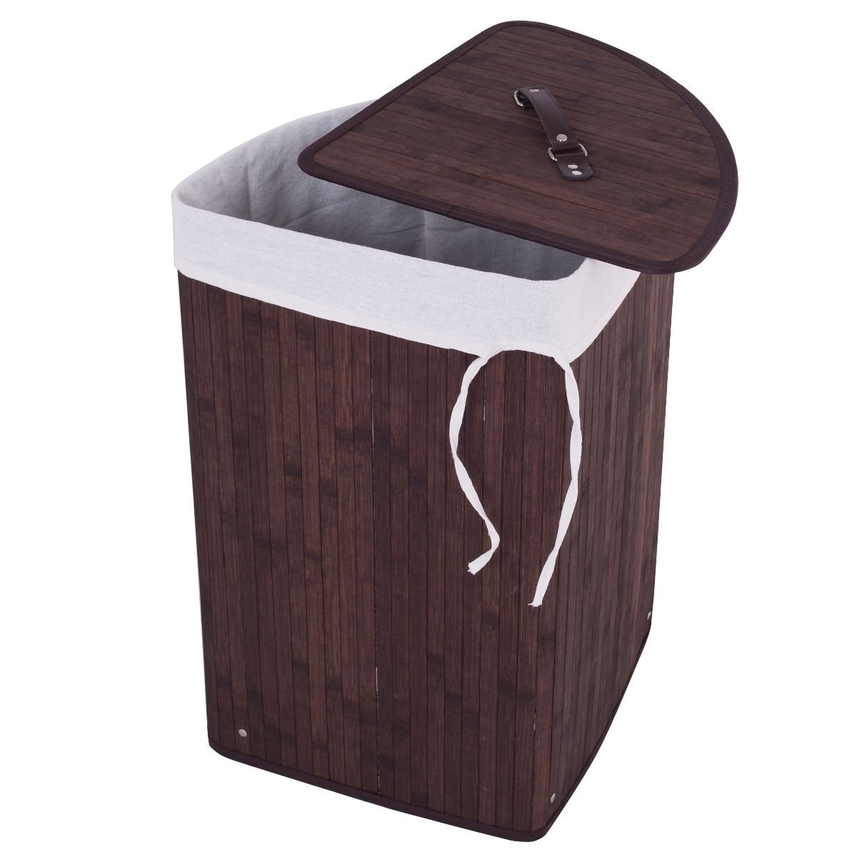 Corner Space Bamboo Laundry Basket with PU Leather Handles