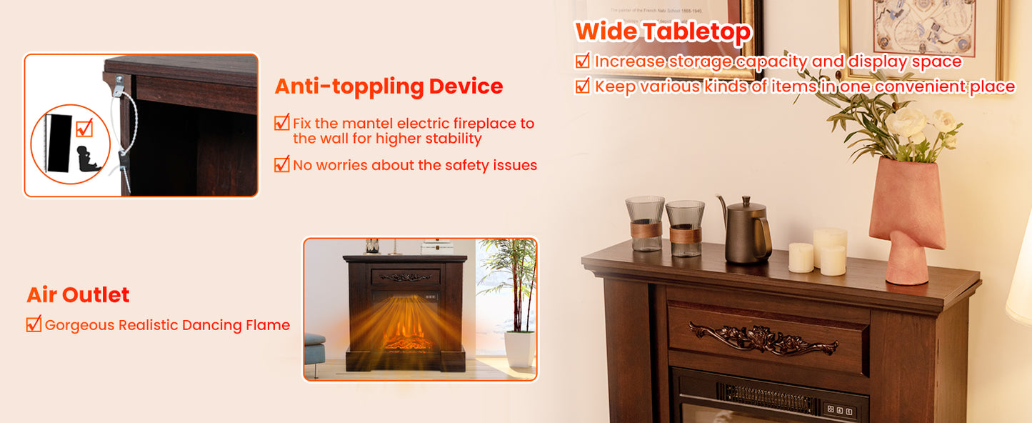 1400W Electric Fireplace Mantel TV Stand with Remote Control