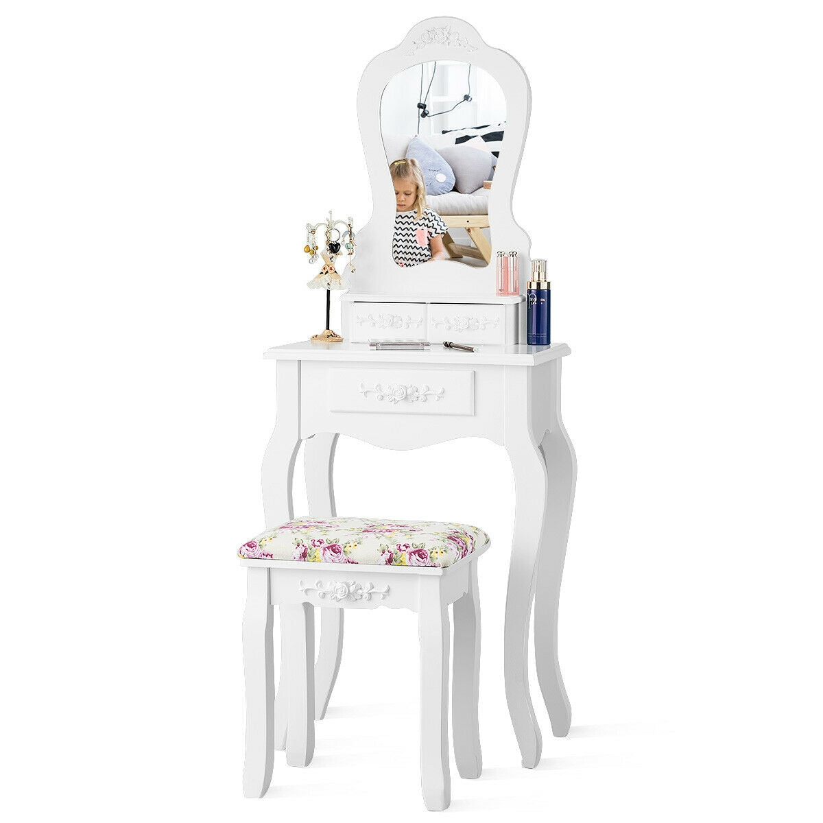 Elegant Vanity Table with Mirror, 3 Storage Drawers, and Matching Stool – White
