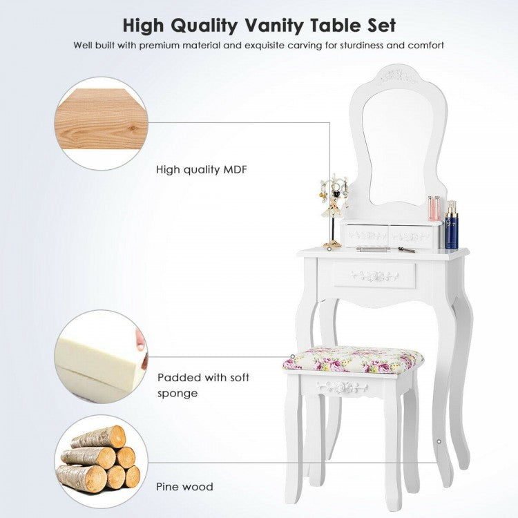 Elegant Vanity Table with Mirror, 3 Storage Drawers, and Matching Stool – White