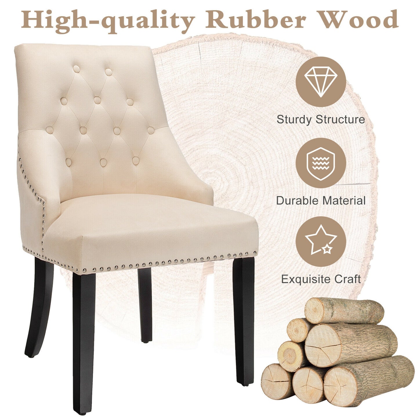 Elegant Button-Tufted Upholstered Dining Chair with Nailhead Trim - Beige