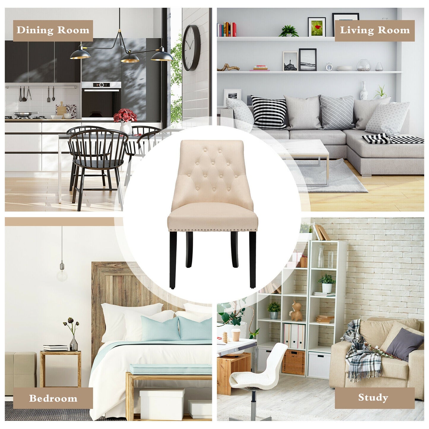 Elegant Button-Tufted Upholstered Dining Chair with Nailhead Trim - Beige