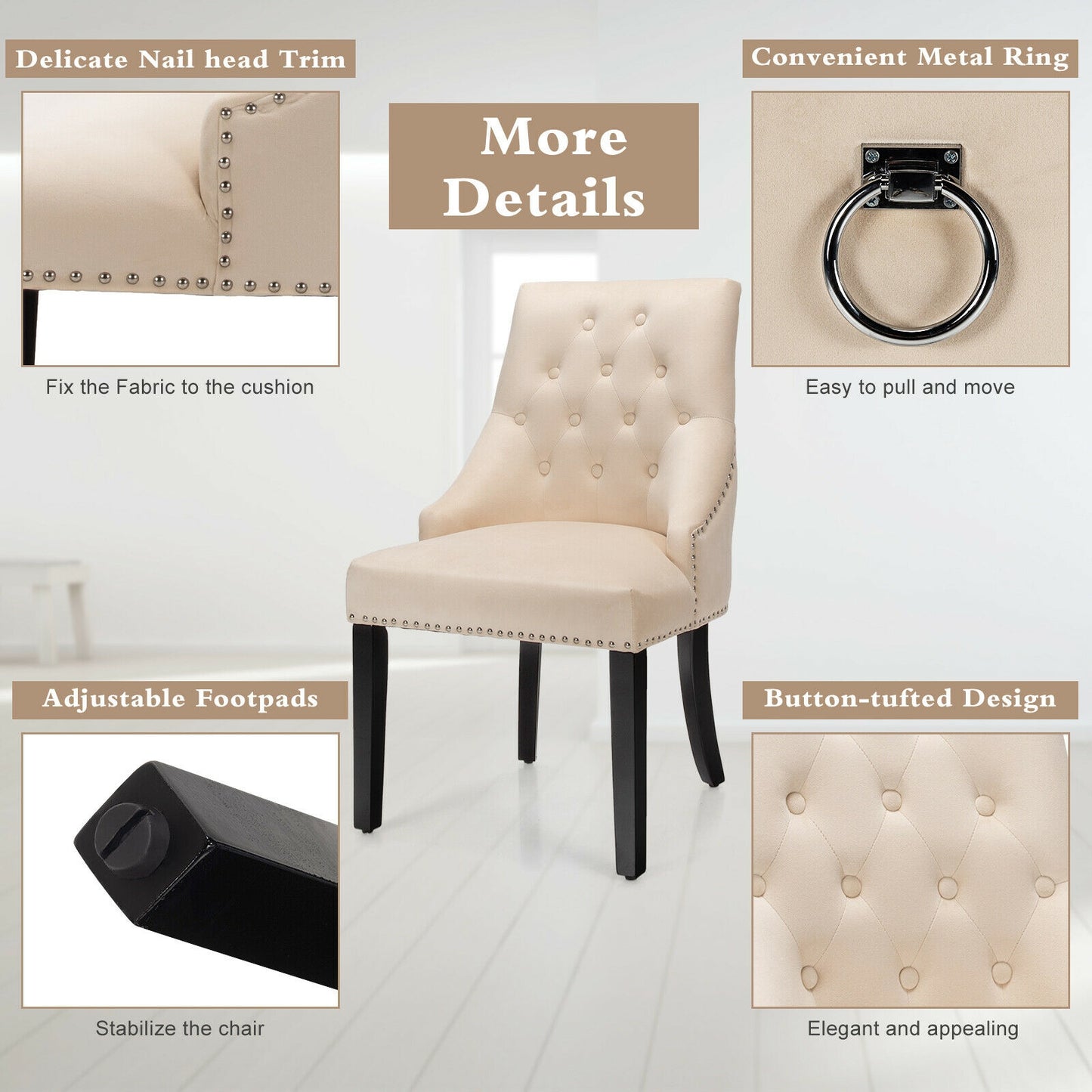Elegant Button-Tufted Upholstered Dining Chair with Nailhead Trim - Beige