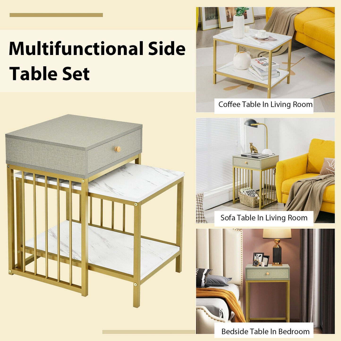 Modern Nesting Coffee Table and Side Table Set with Storage Drawer and Shelf