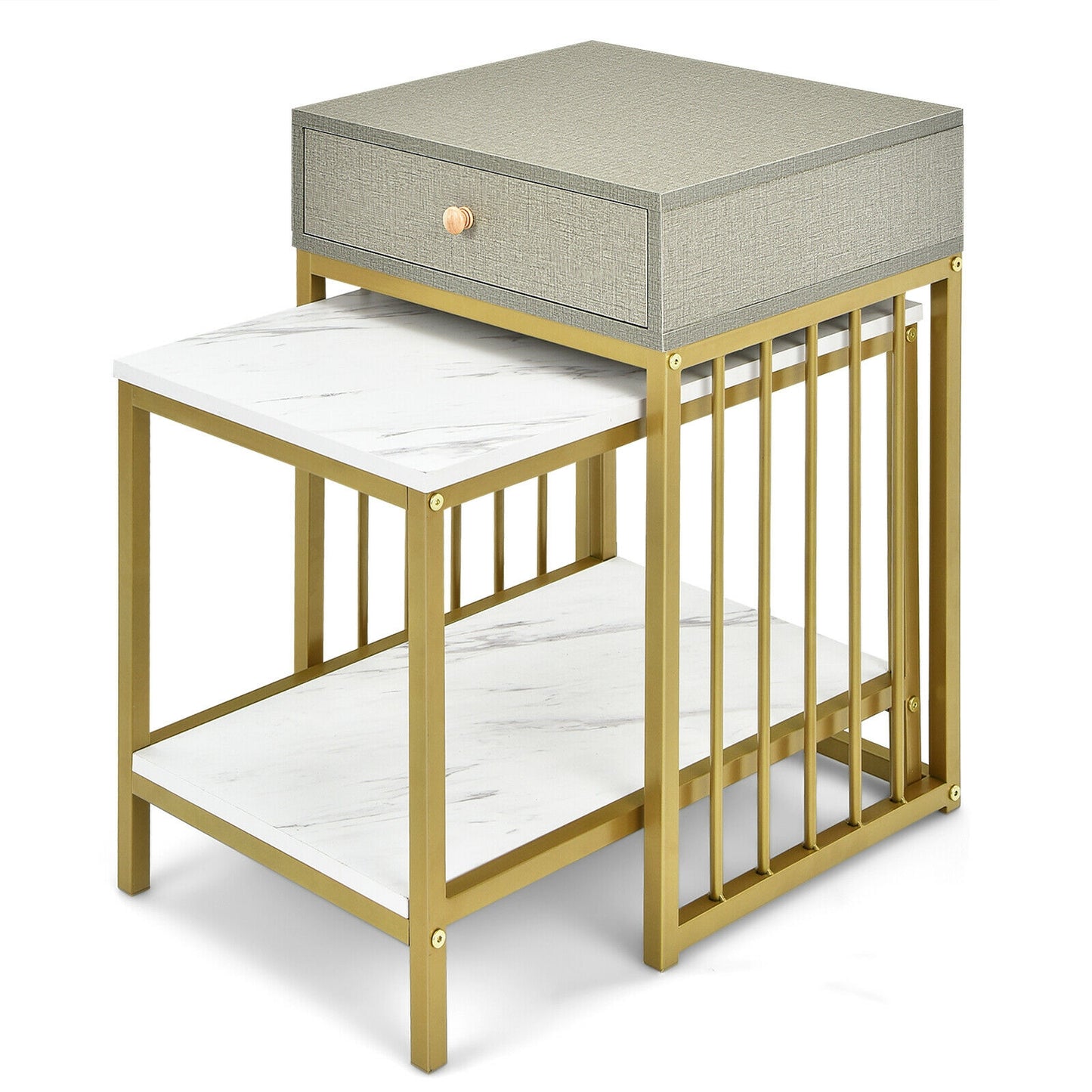Modern Nesting Coffee Table and Side Table Set with Storage Drawer and Shelf