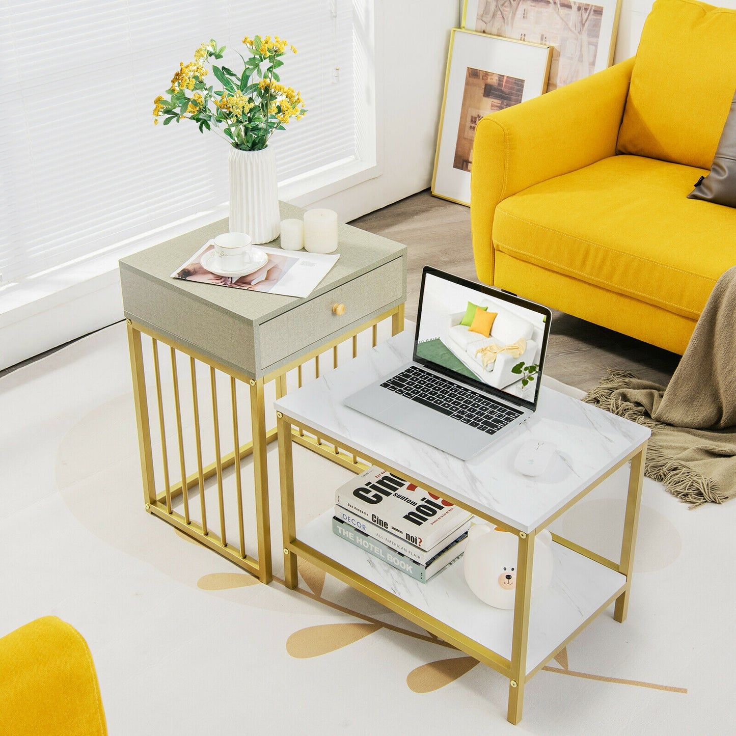 Modern Nesting Coffee Table and Side Table Set with Storage Drawer and Shelf