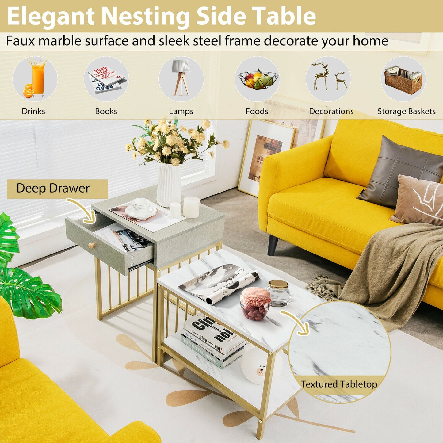 Modern Nesting Coffee Table and Side Table Set with Storage Drawer and Shelf