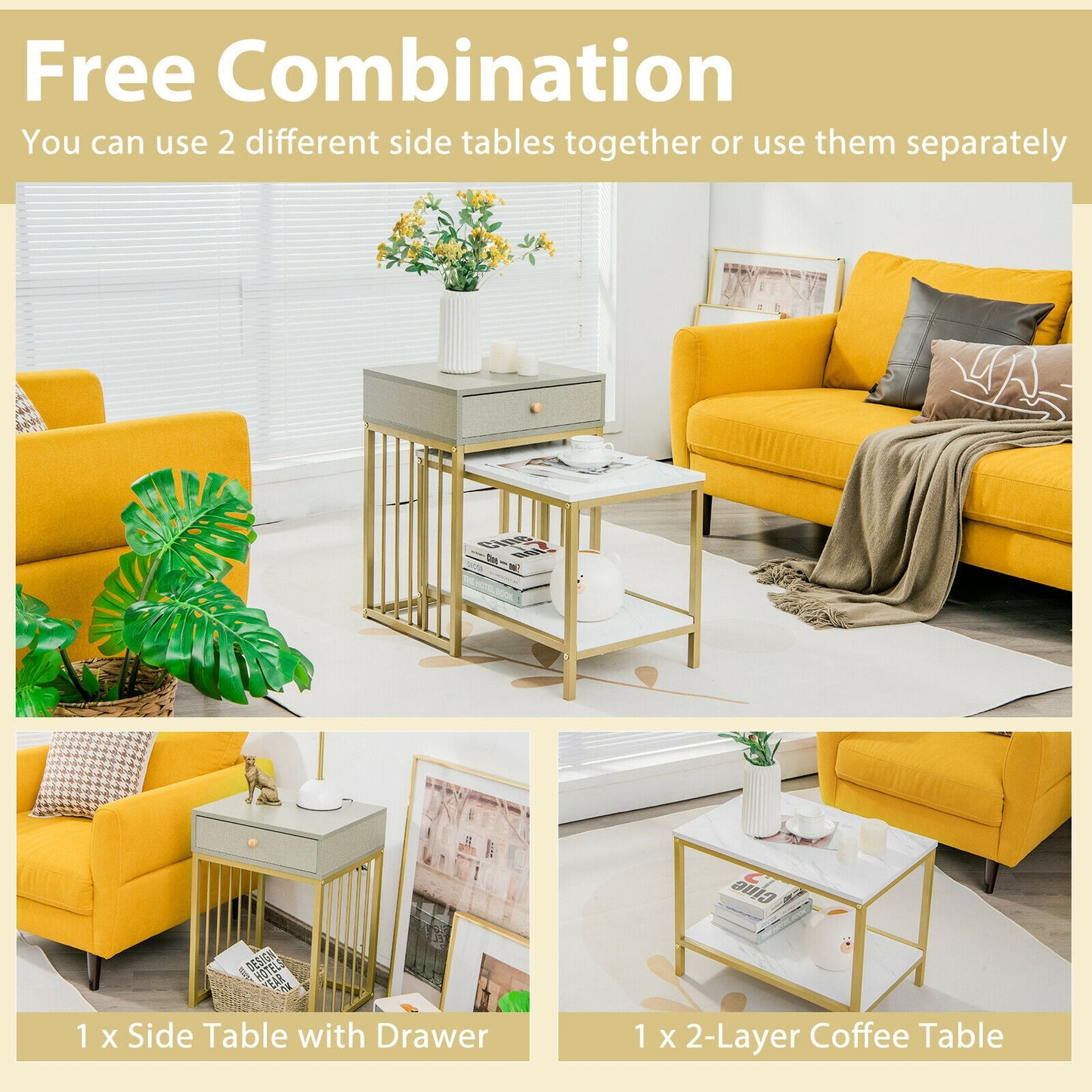 Modern Nesting Coffee Table and Side Table Set with Storage Drawer and Shelf
