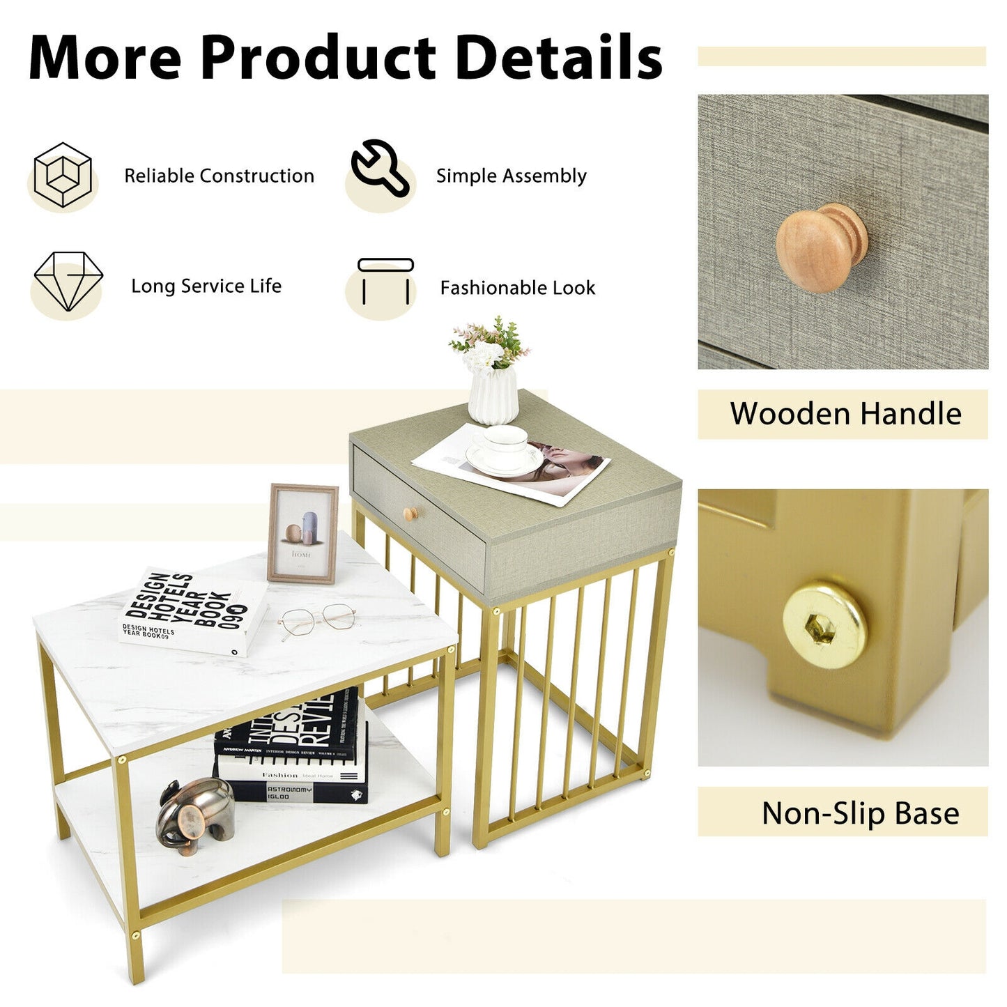 Modern Nesting Coffee Table and Side Table Set with Storage Drawer and Shelf