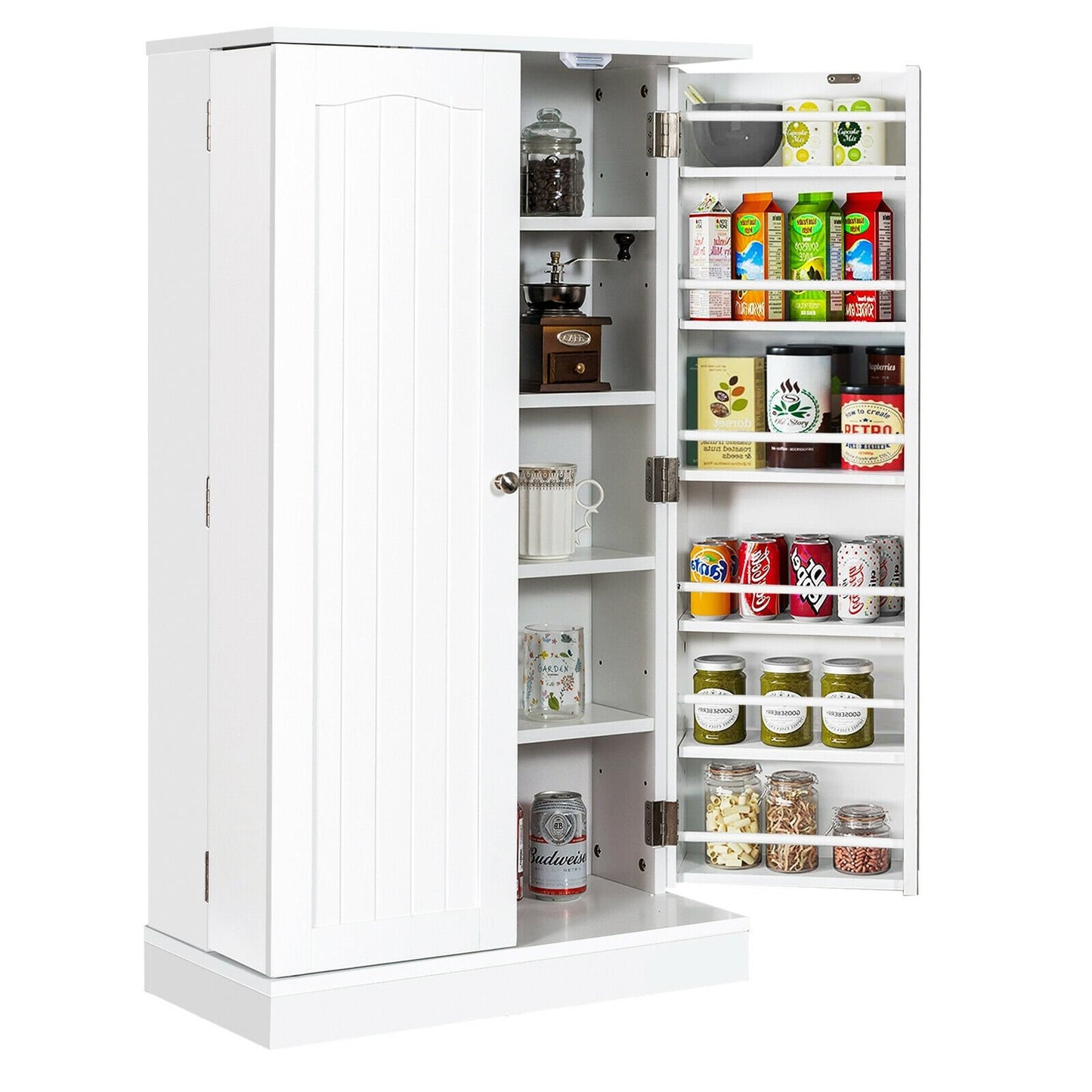 17-Tier Freestanding Kitchen Pantry Cabinet with Double Doors and Adjustable Shelves - White