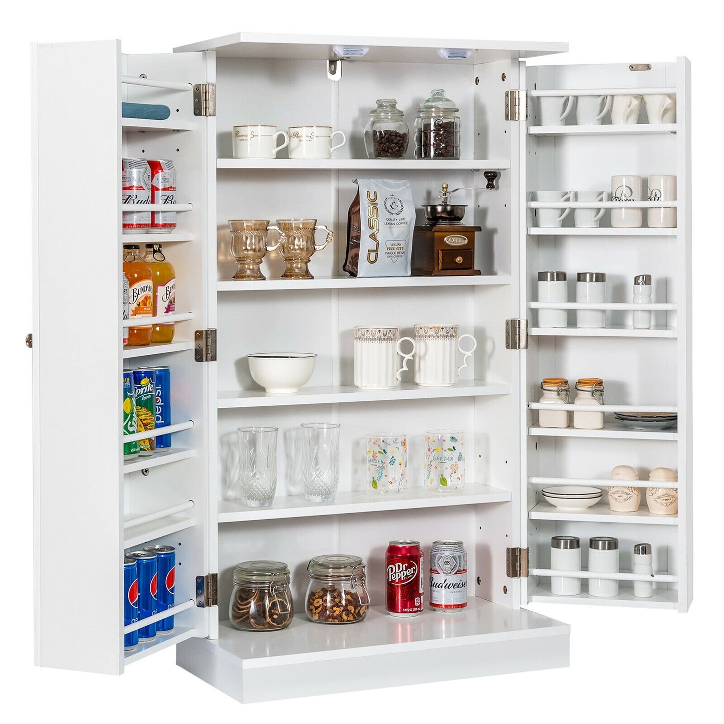 17-Tier Freestanding Kitchen Pantry Cabinet with Double Doors and Adjustable Shelves - White