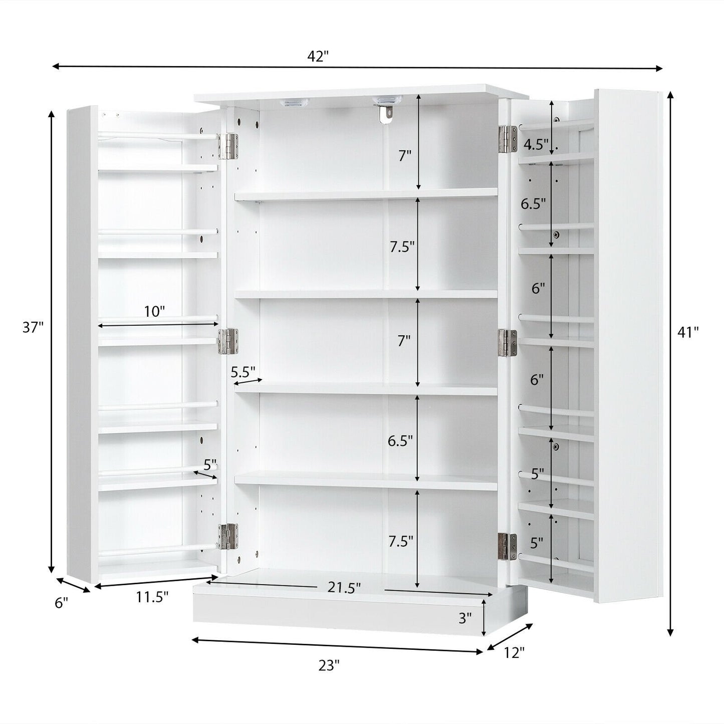 17-Tier Freestanding Kitchen Pantry Cabinet with Double Doors and Adjustable Shelves - White