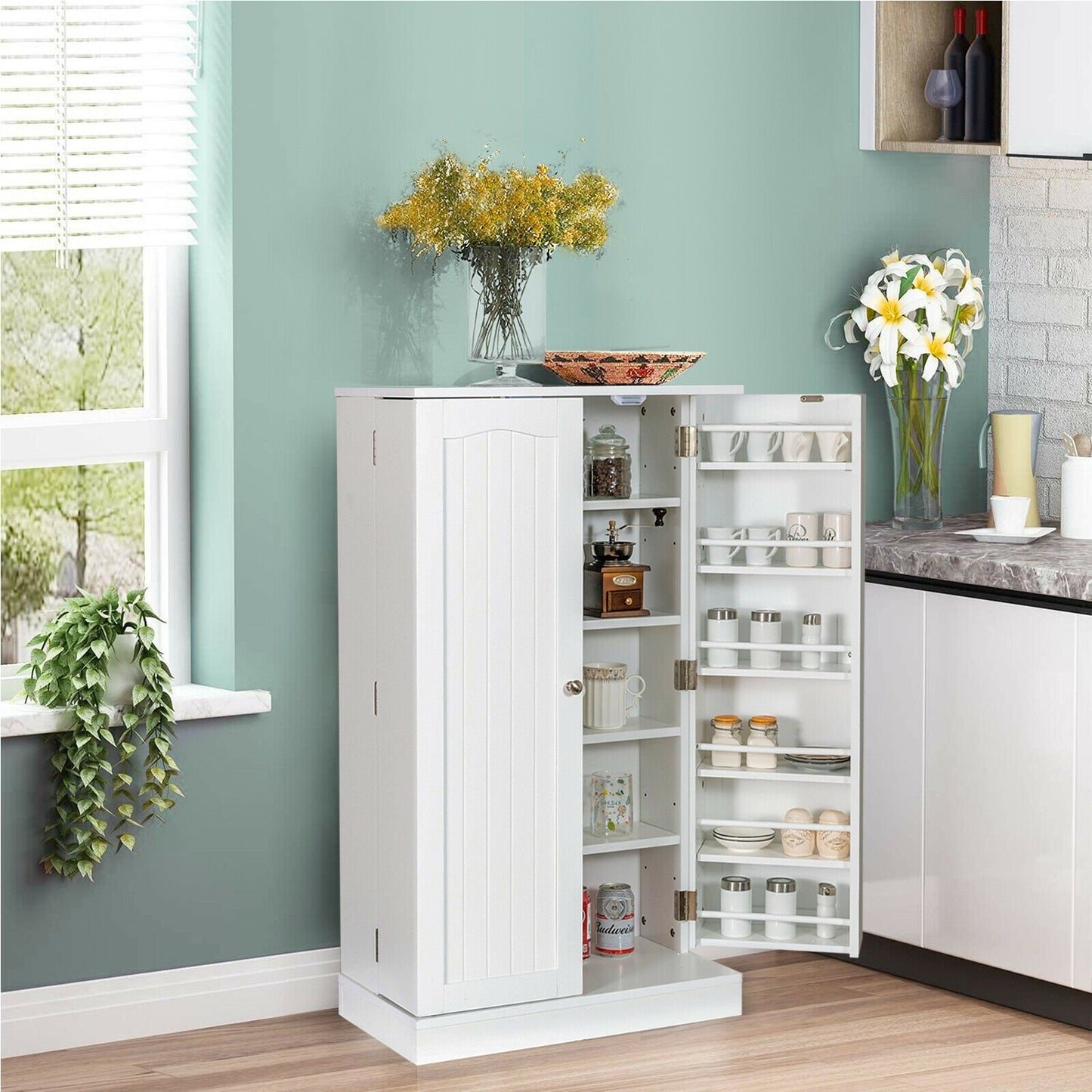 17-Tier Freestanding Kitchen Pantry Cabinet with Double Doors and Adjustable Shelves - White