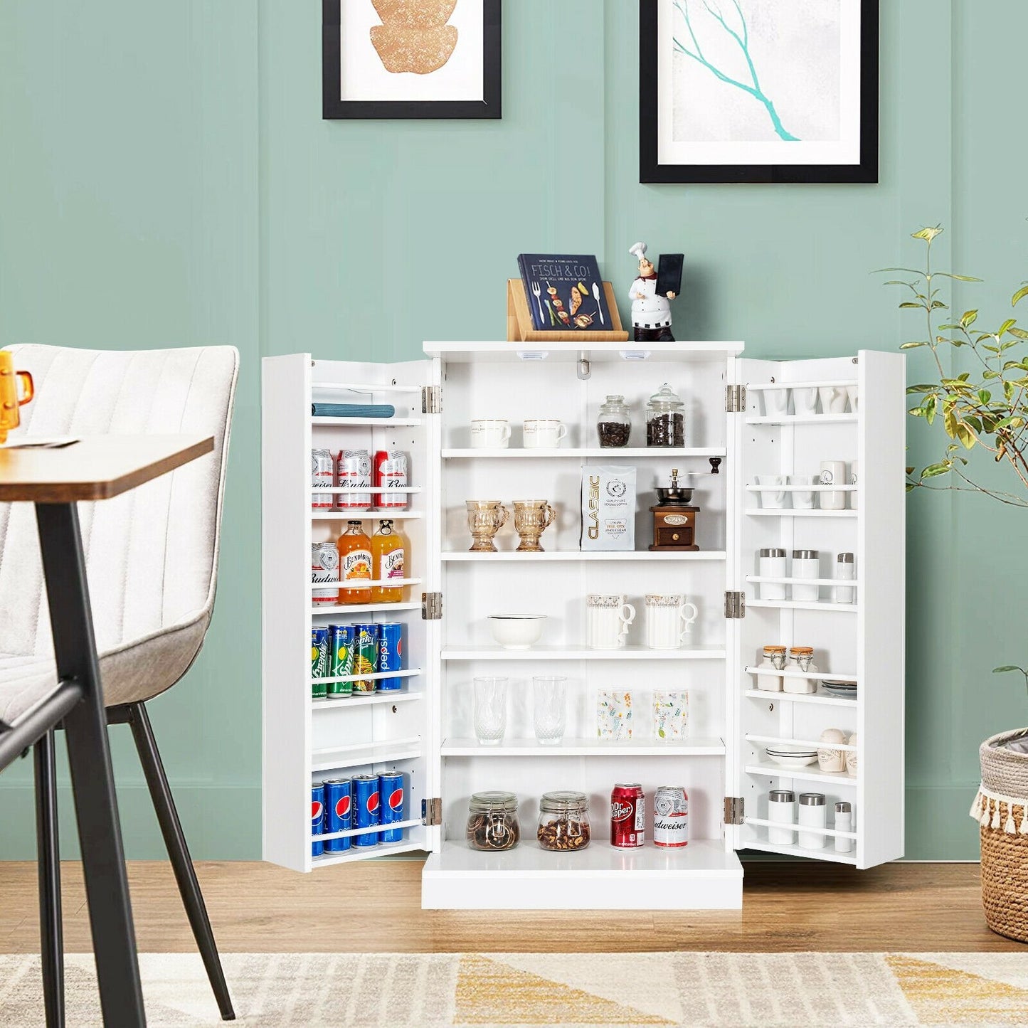 17-Tier Freestanding Kitchen Pantry Cabinet with Double Doors and Adjustable Shelves - White