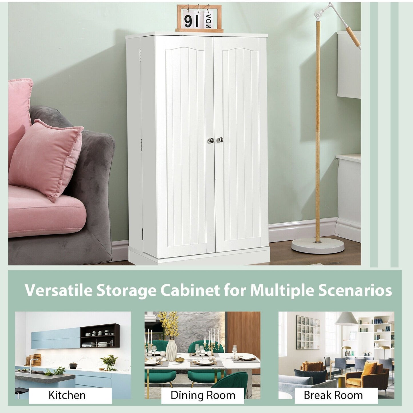 17-Tier Freestanding Kitchen Pantry Cabinet with Double Doors and Adjustable Shelves - White