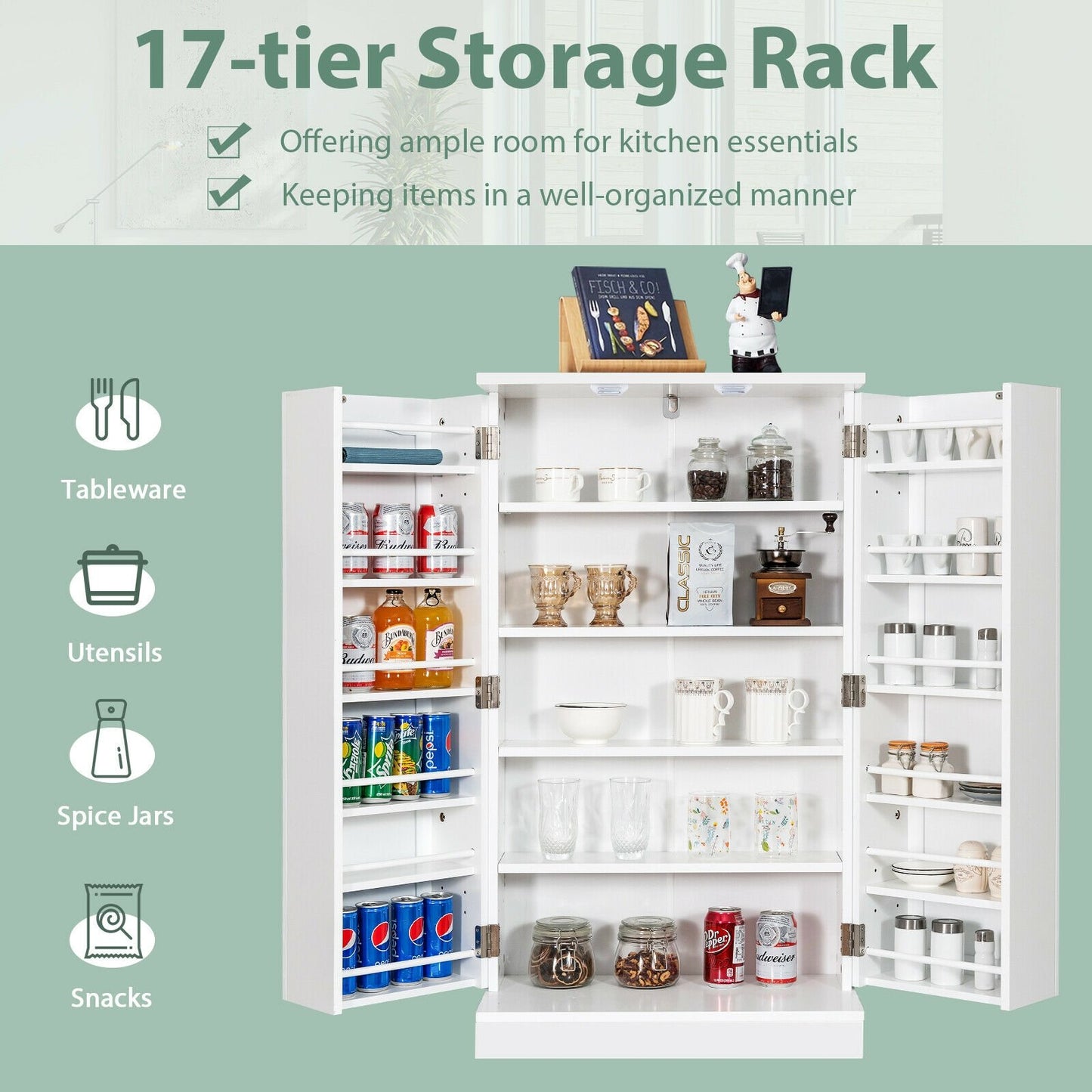 17-Tier Freestanding Kitchen Pantry Cabinet with Double Doors and Adjustable Shelves - White