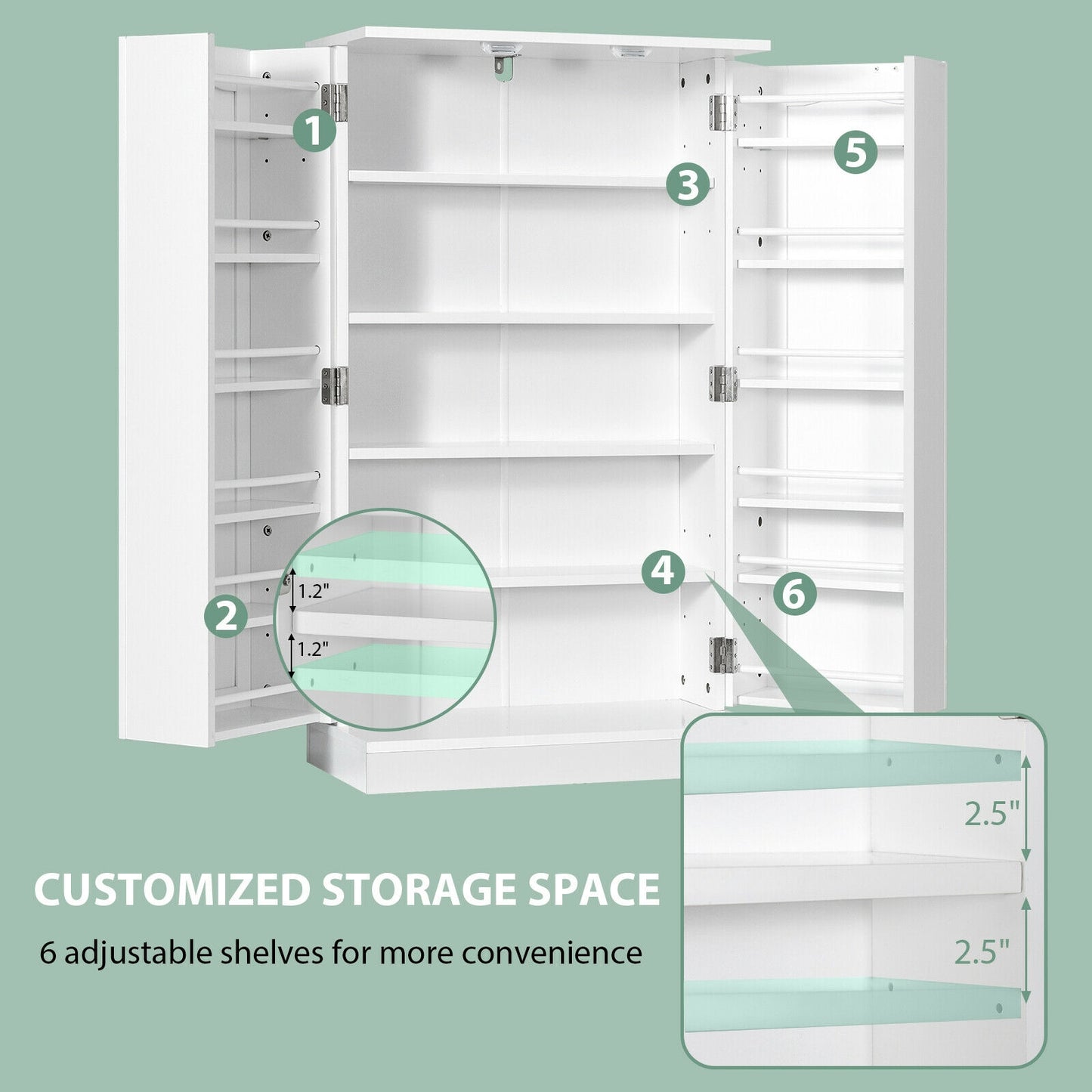 17-Tier Freestanding Kitchen Pantry Cabinet with Double Doors and Adjustable Shelves - White