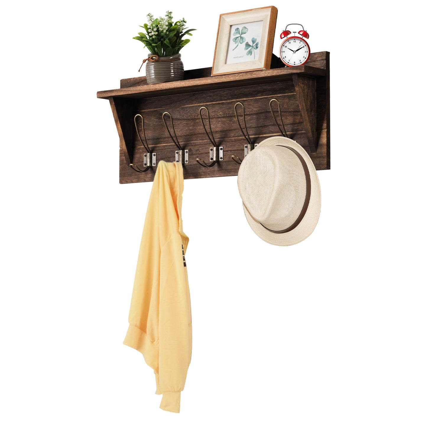 Rustic Wall Mounted Wooden Shelf with Hooks for Entryway or Bathroom Storage