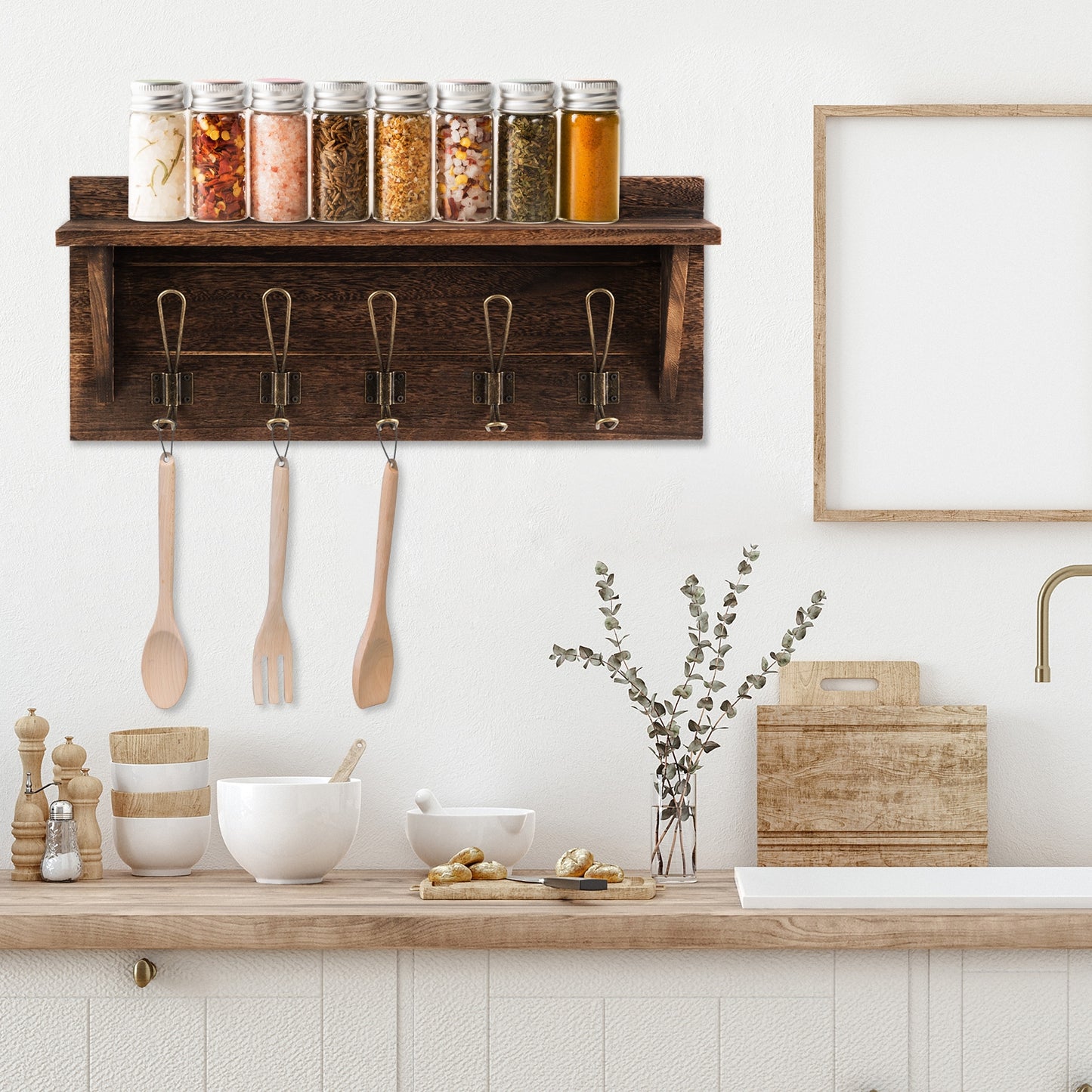 Rustic Wall Mounted Wooden Shelf with Hooks for Entryway or Bathroom Storage