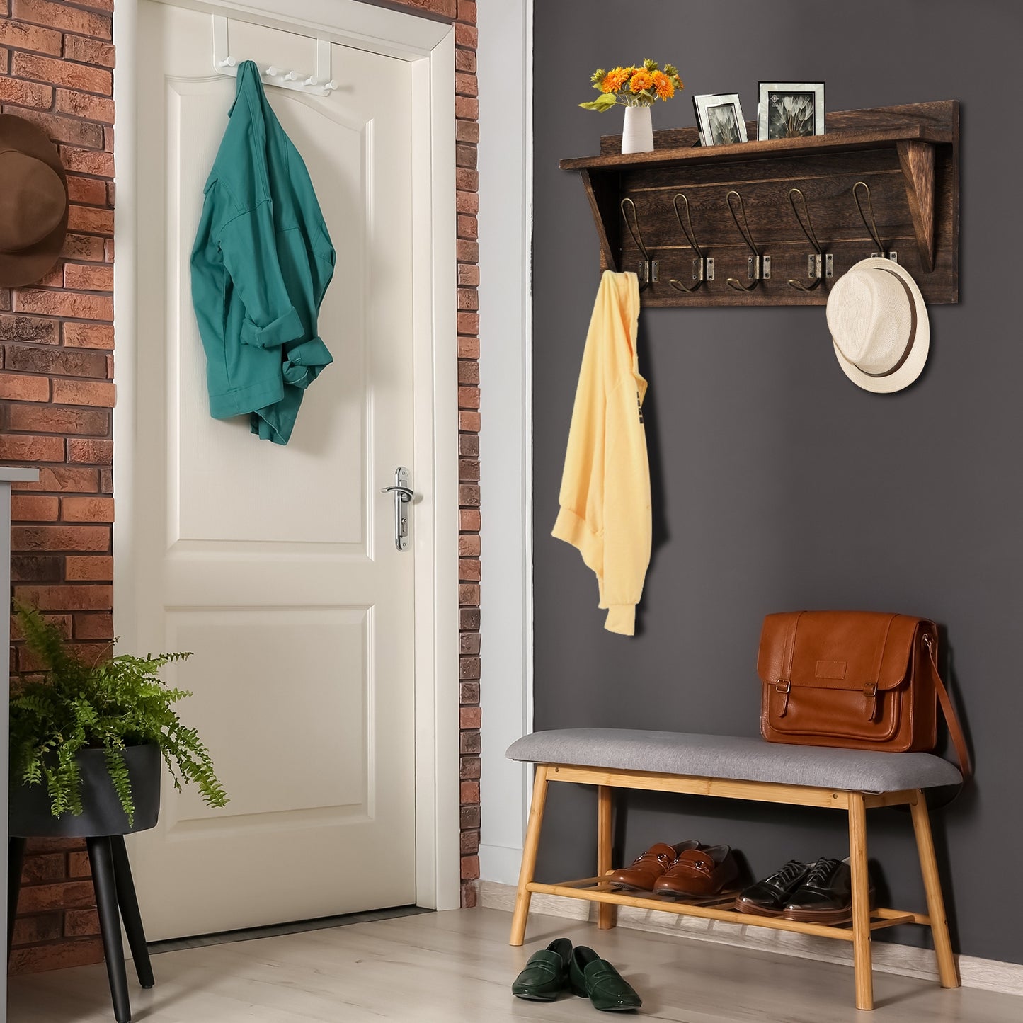 Rustic Wall Mounted Wooden Shelf with Hooks for Entryway or Bathroom Storage