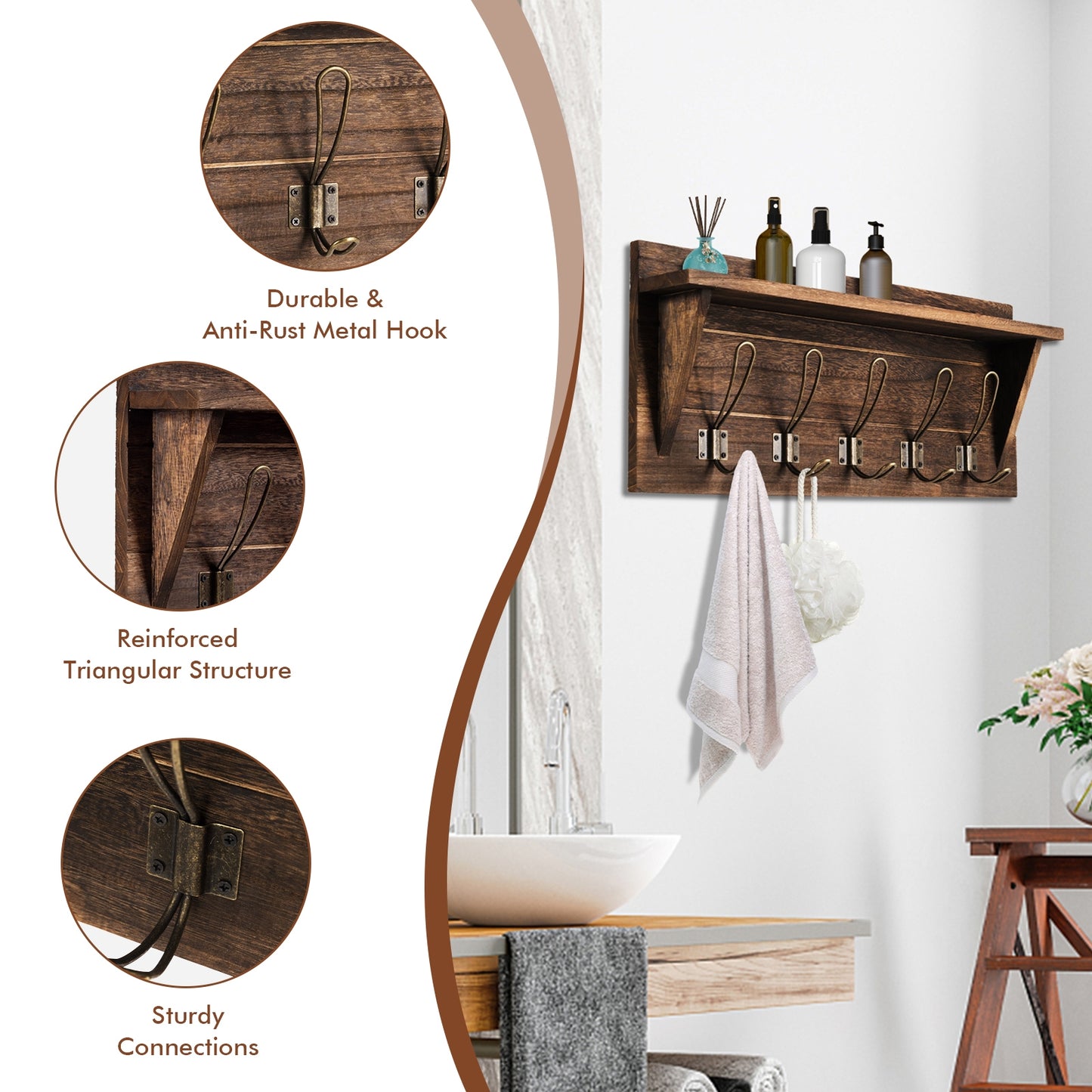 Rustic Wall Mounted Wooden Shelf with Hooks for Entryway or Bathroom Storage