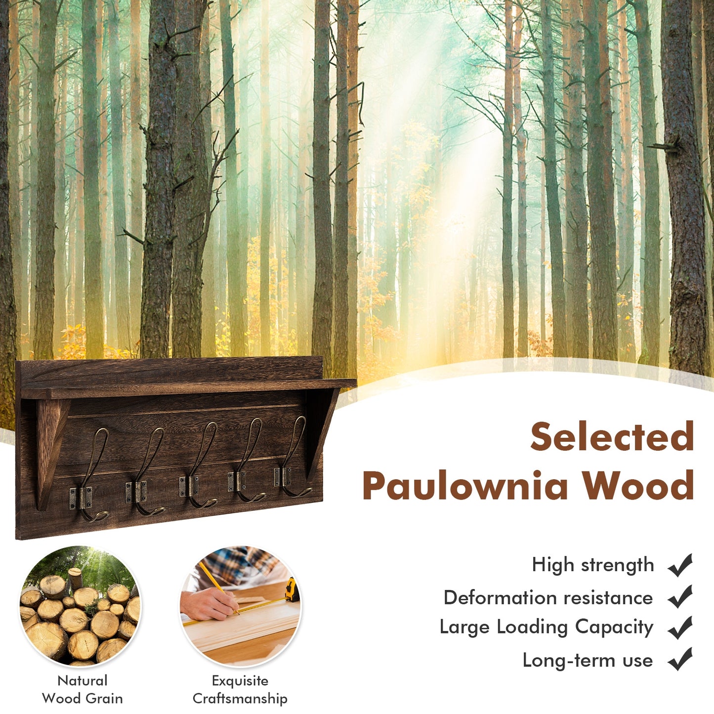 Rustic Wall Mounted Wooden Shelf with Hooks for Entryway or Bathroom Storage