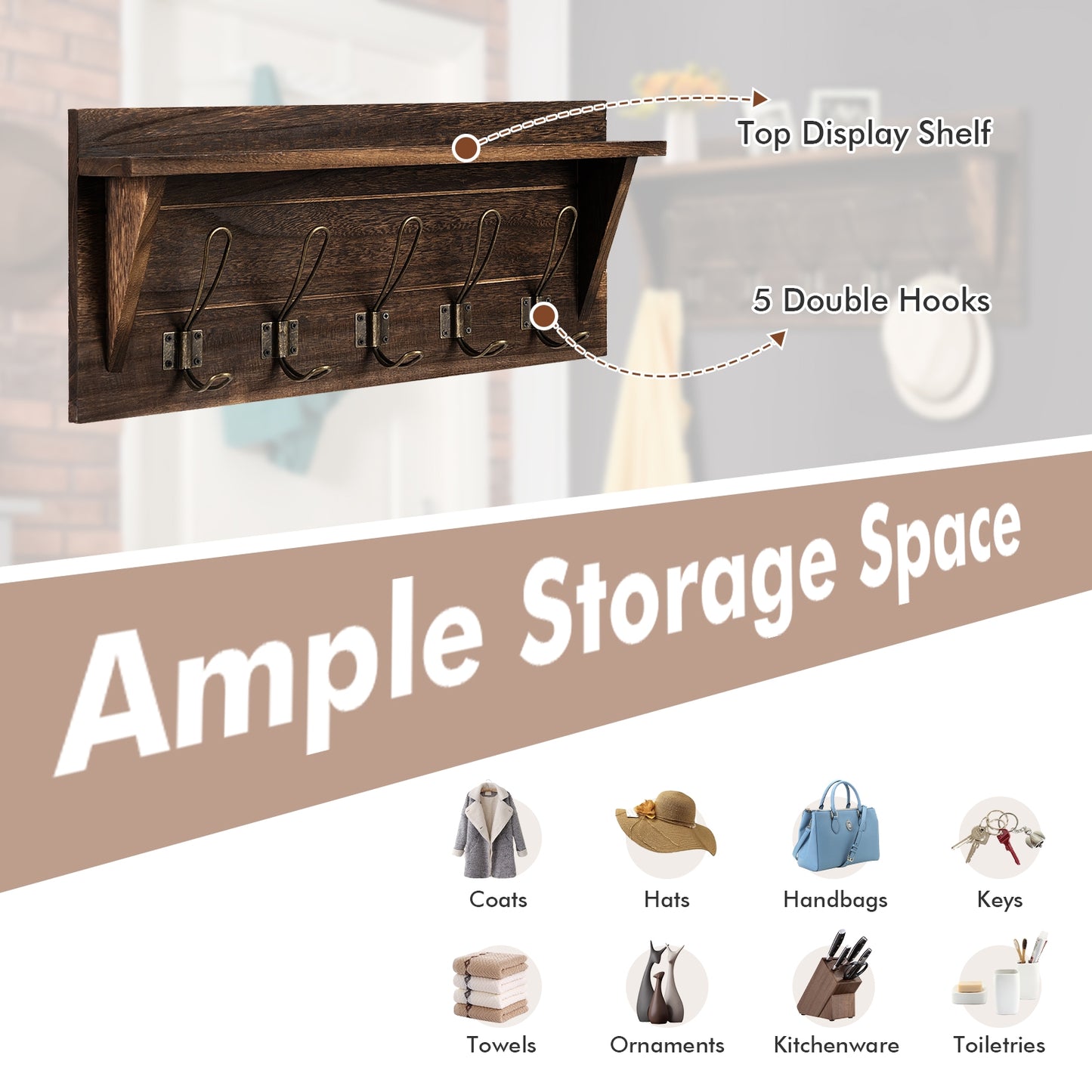 Rustic Wall Mounted Wooden Shelf with Hooks for Entryway or Bathroom Storage