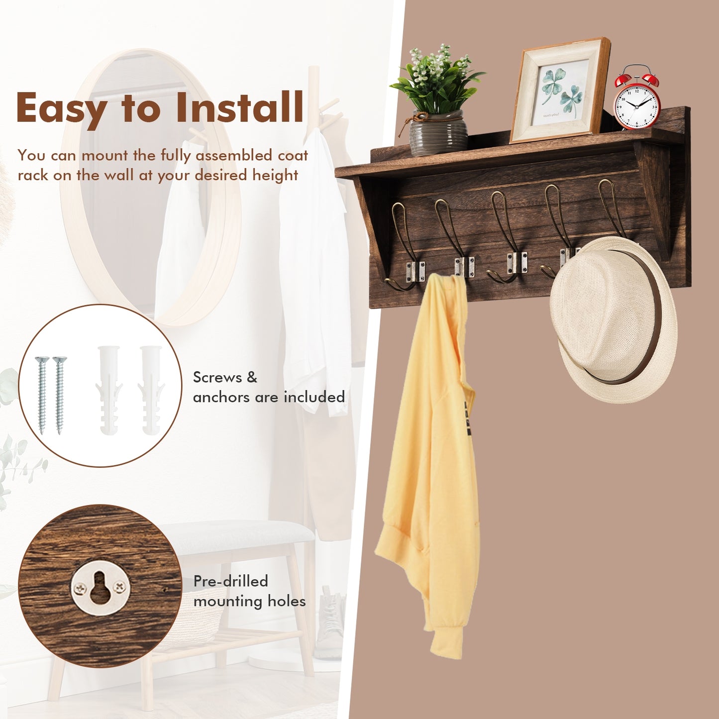 Rustic Wall Mounted Wooden Shelf with Hooks for Entryway or Bathroom Storage