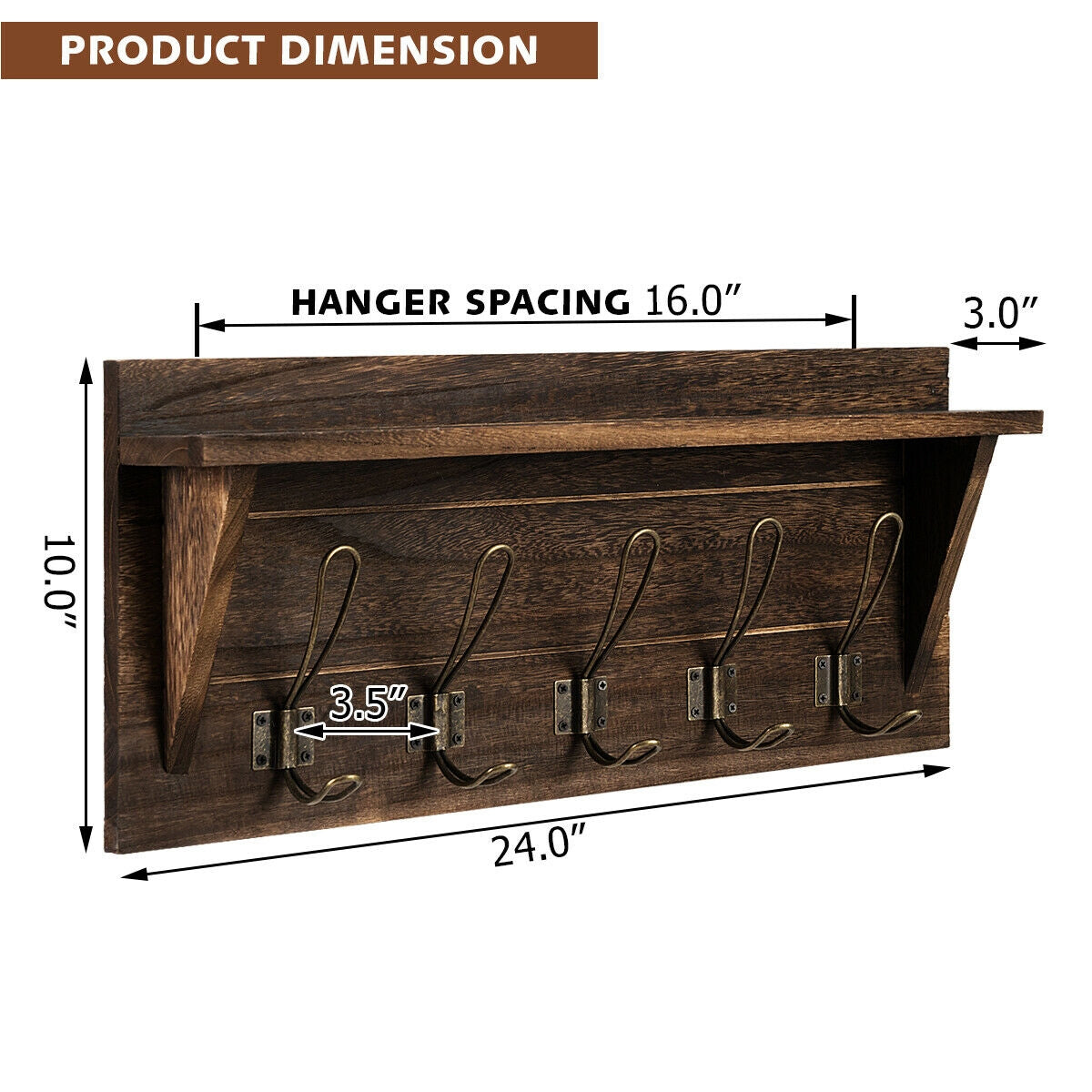 Rustic Wall Mounted Wooden Shelf with Hooks for Entryway or Bathroom Storage