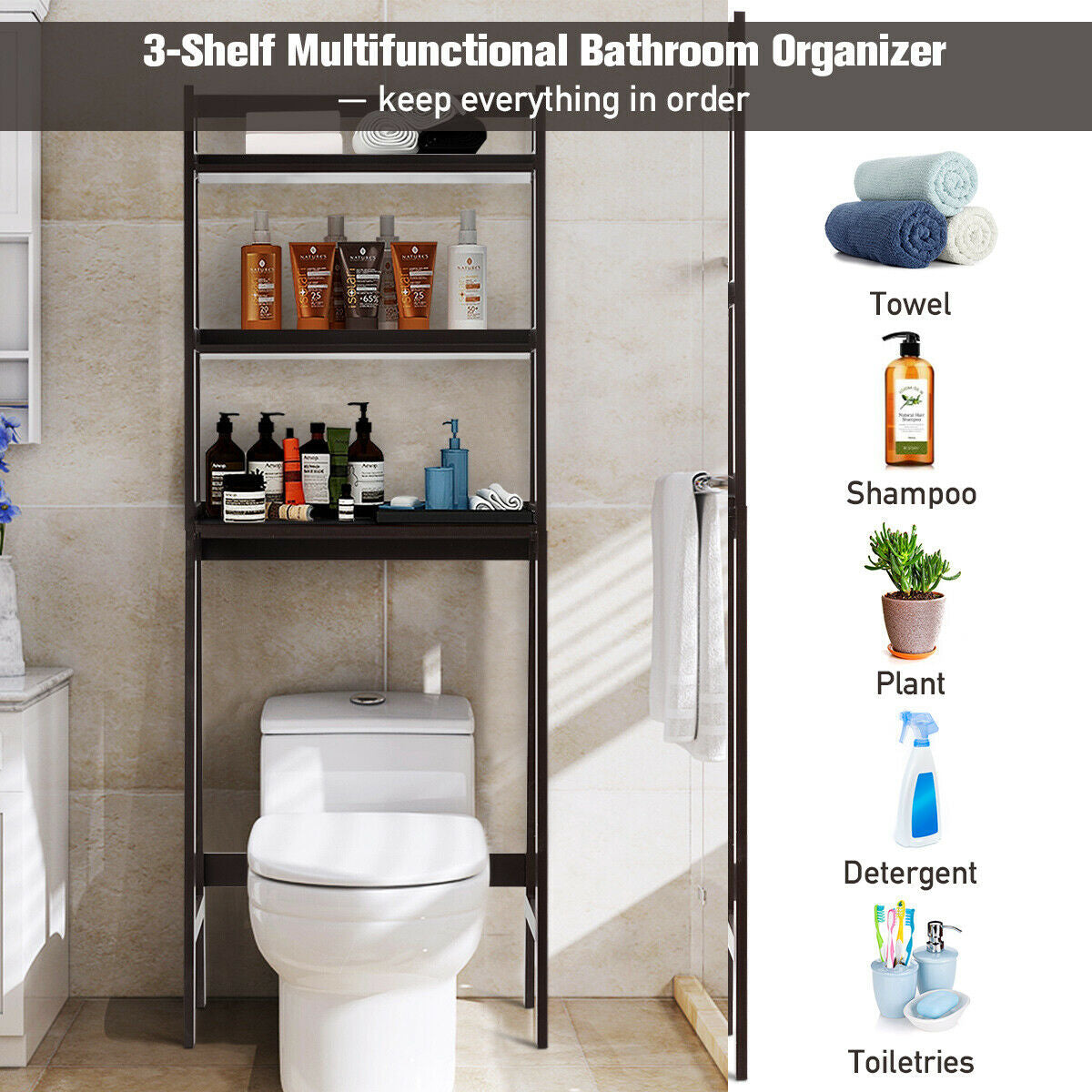 3 Tier Standing Storage Rack Over Toilet with Bottom Shelf