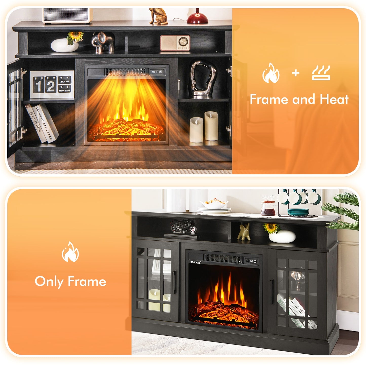 Modern 48 Inch TV Stand with Electric Fireplace and Adjustable Cabinets for TVs Up to 55 Inches - Black