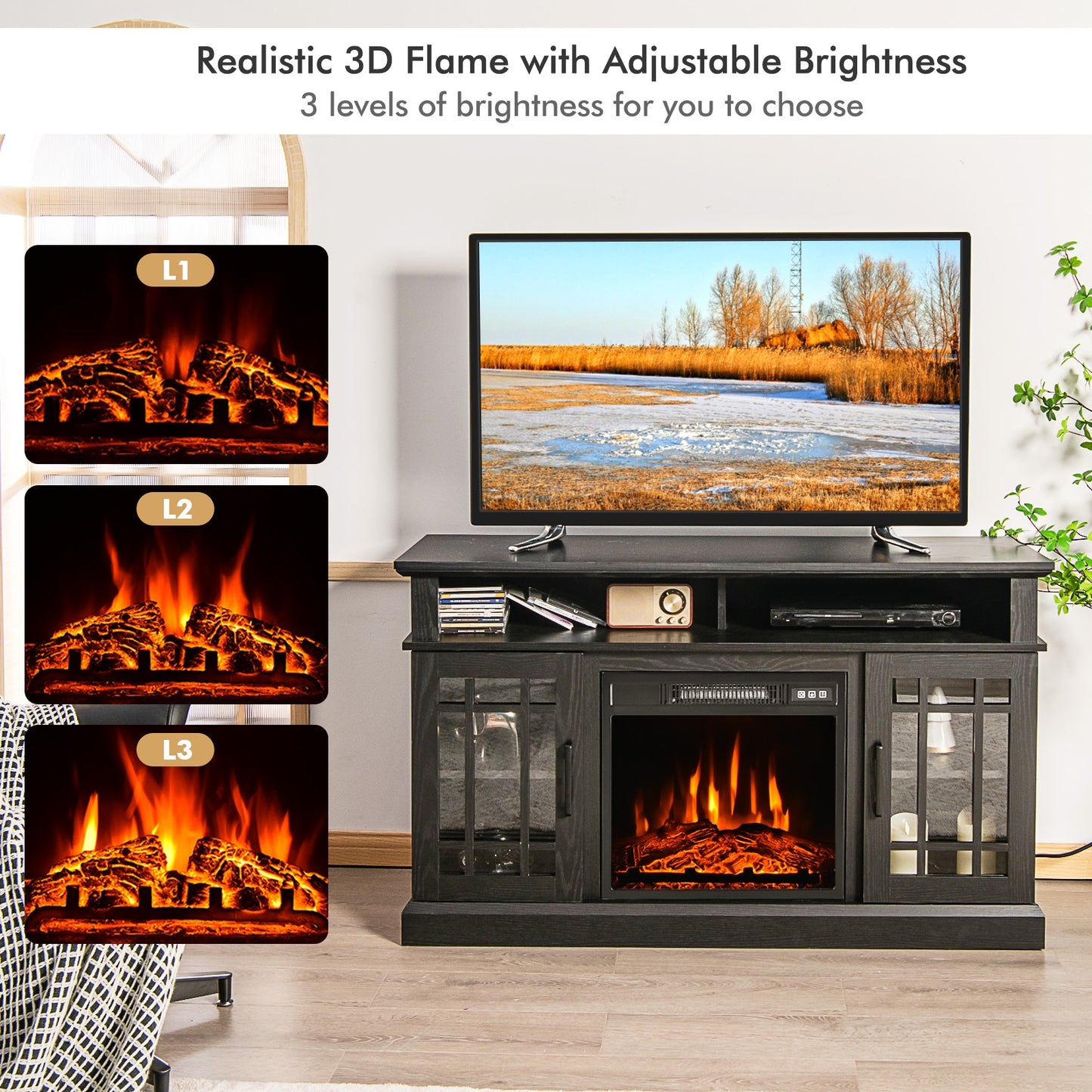 Modern 48 Inch TV Stand with Electric Fireplace and Adjustable Cabinets for TVs Up to 55 Inches - Black