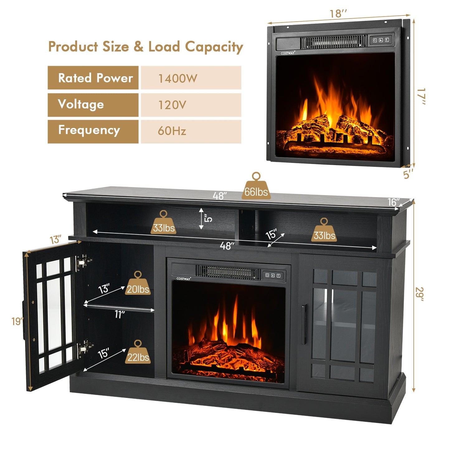 Modern 48 Inch TV Stand with Electric Fireplace and Adjustable Cabinets for TVs Up to 55 Inches - Black