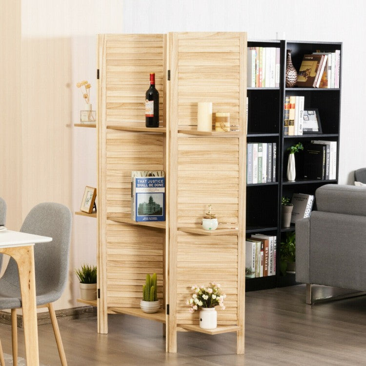 4-Panel Folding Room Divider with 3 Storage Shelves - Brown