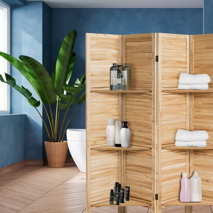 4-Panel Folding Room Divider with 3 Storage Shelves - Brown