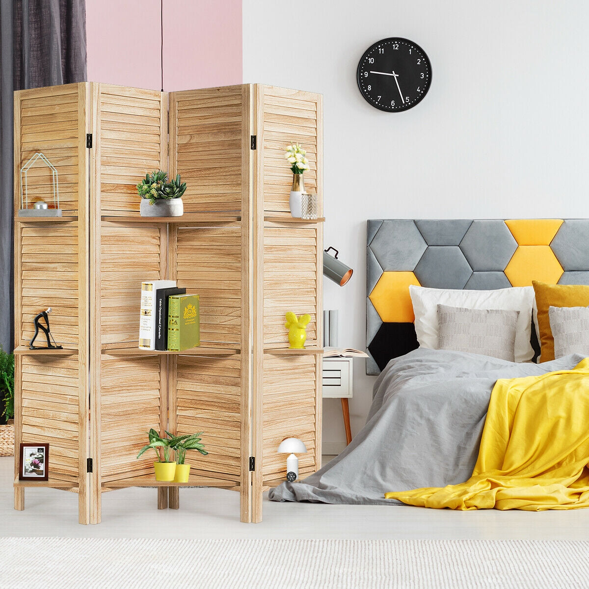4-Panel Folding Room Divider with 3 Storage Shelves - Brown