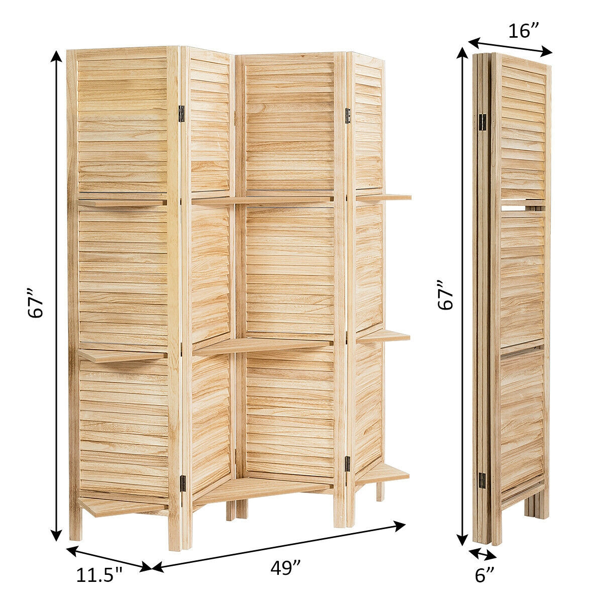 4-Panel Folding Room Divider with 3 Storage Shelves - Brown