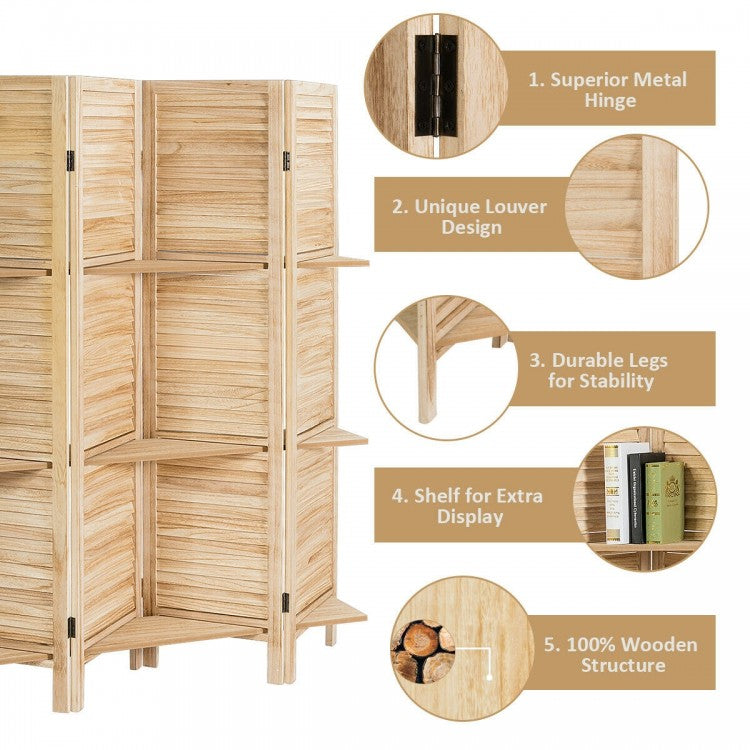 4-Panel Folding Room Divider with 3 Storage Shelves - Brown