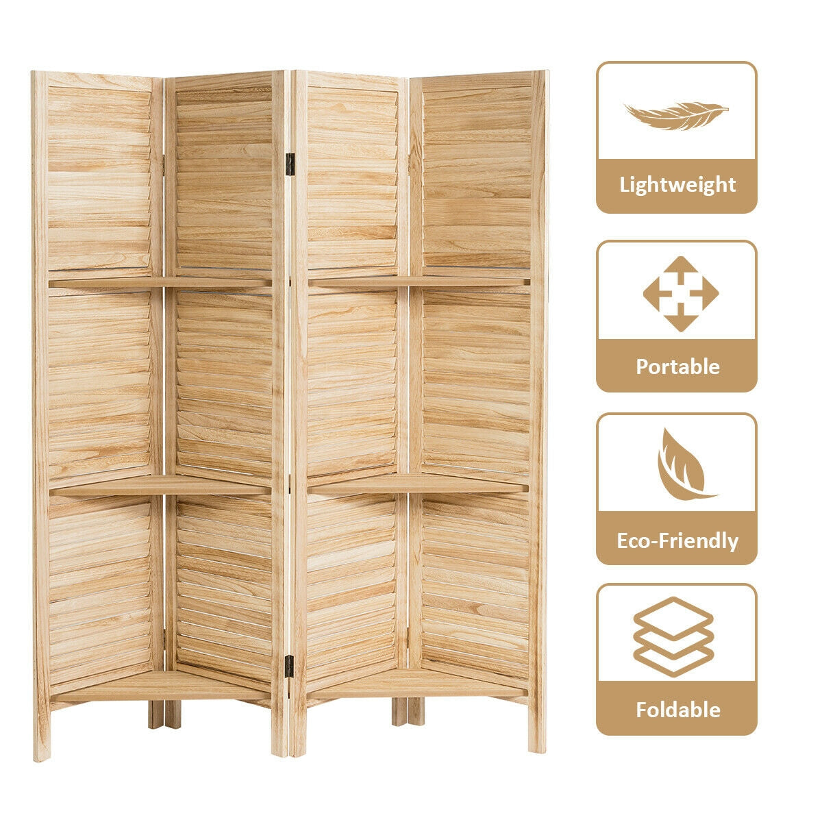4-Panel Folding Room Divider with 3 Storage Shelves - Brown