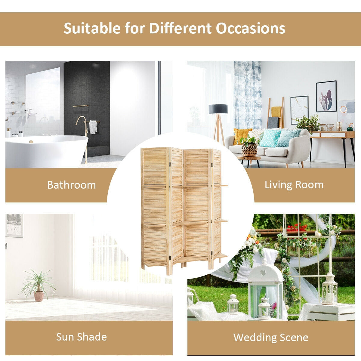 4-Panel Folding Room Divider with 3 Storage Shelves - Brown