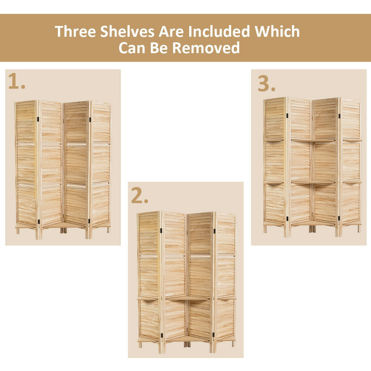 4-Panel Folding Room Divider with 3 Storage Shelves - Brown