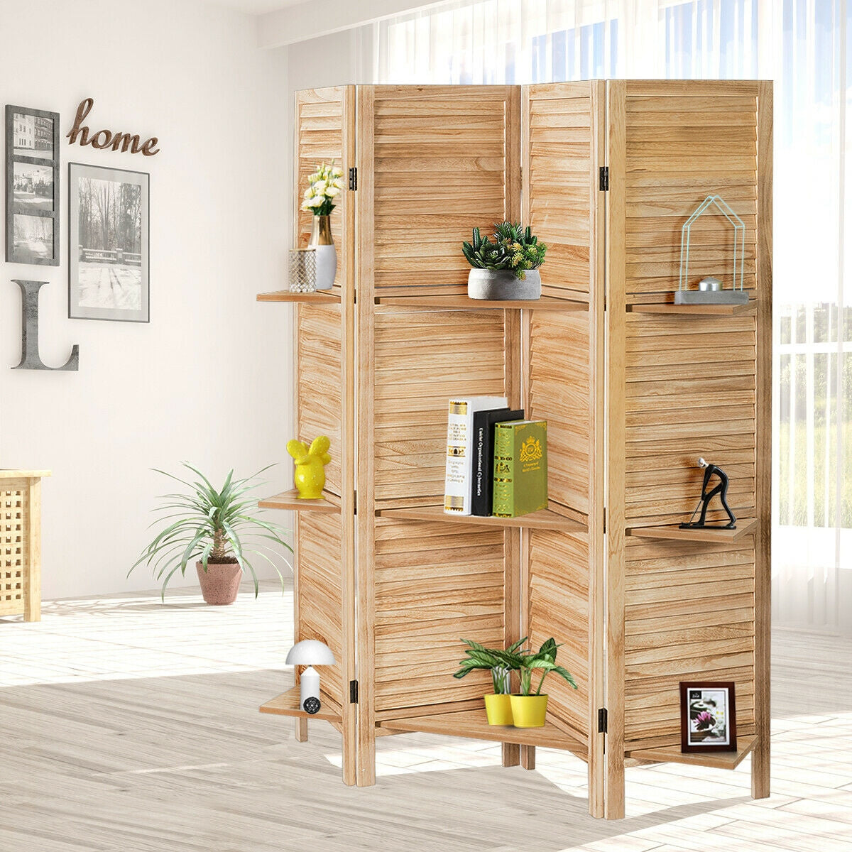 4-Panel Folding Room Divider with 3 Storage Shelves - Brown