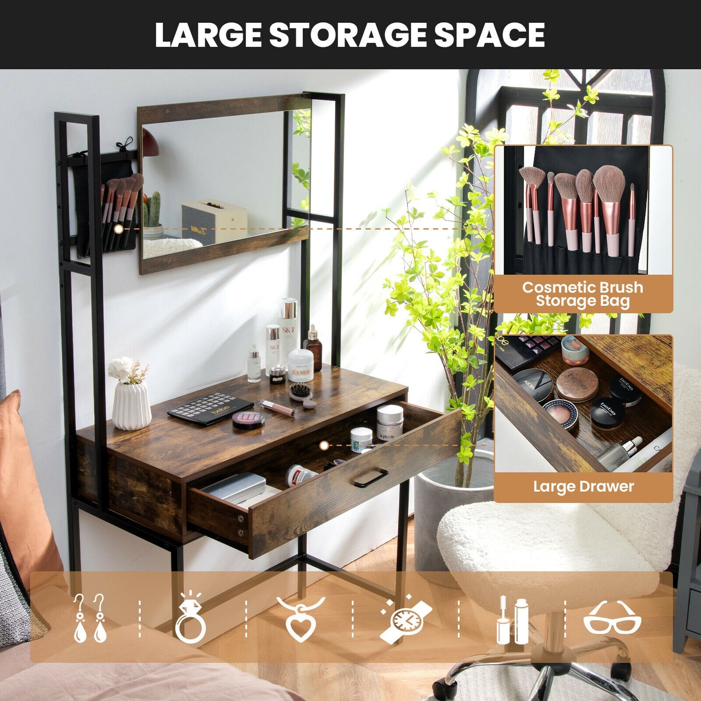 Rustic Industrial Vanity Table with 3-Height Adjustable Mirror, Storage Drawer, and Brush Bag