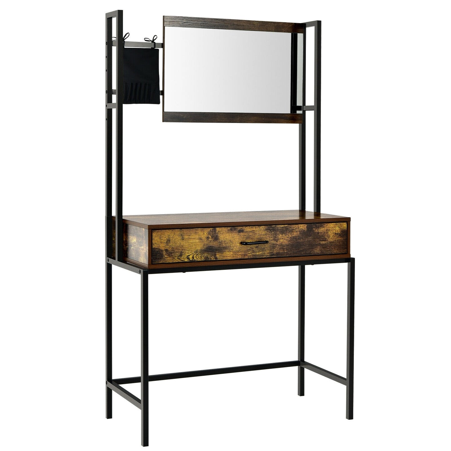 Rustic Industrial Vanity Table with 3-Height Adjustable Mirror, Storage Drawer, and Brush Bag