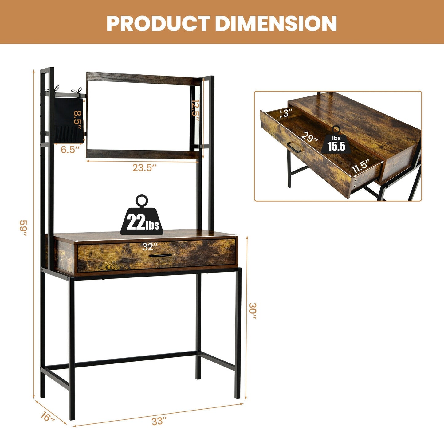 Rustic Industrial Vanity Table with 3-Height Adjustable Mirror, Storage Drawer, and Brush Bag